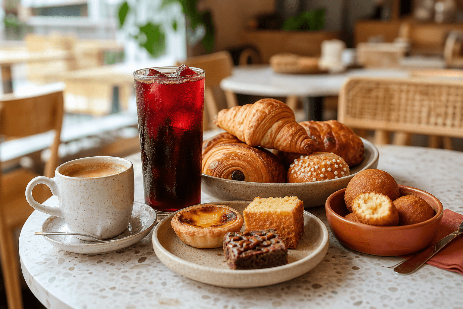 Café, bissap et assortiment de pâtisseries